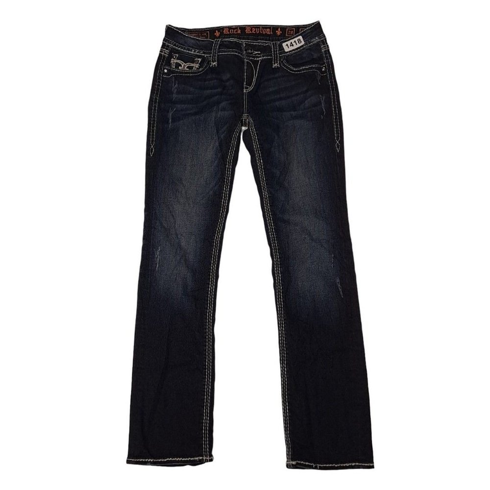 Rock Revival Womens Molly Dark Blue Embroidered Straight Jeans Size 28 E8386ET2L
